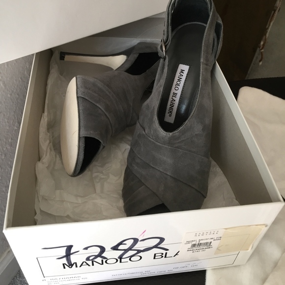 Manolo Blahnik Gray Suede Peep Toe Heels - Picture 2 of 8